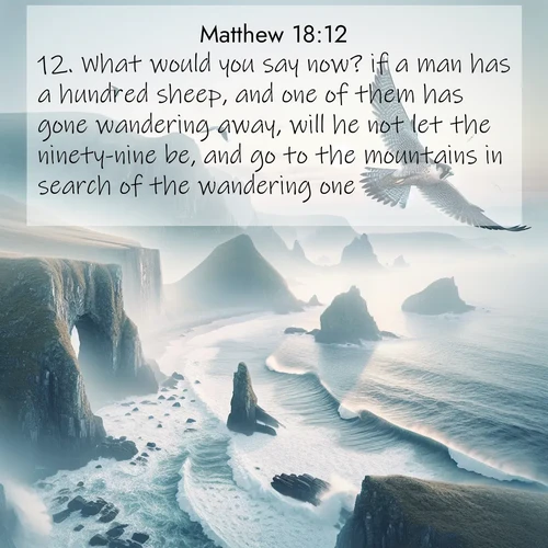 BasicEnglish Gospel of Matthew  ; image nature: image with the bible verse :What would you say now? if a man has a hundred sheep, and one of them has gone wandering away, will he not let the ninety-nine be, and go to the mountains in search of the wandering one? ; Explore a spring collection of Bible images, with landscapes of green hills, wildflowers, and crystal-clear streams. These images symbolize the blossoming of God&#039;s creation. Download verses like KJV Gospel of Matthew 18:12. Current verse is overlayed with the thematic nature scene : A peregrine falcon rides thermal currents above coastal cliffs. Waves crash endlessly against the rocks below. ; 18:12