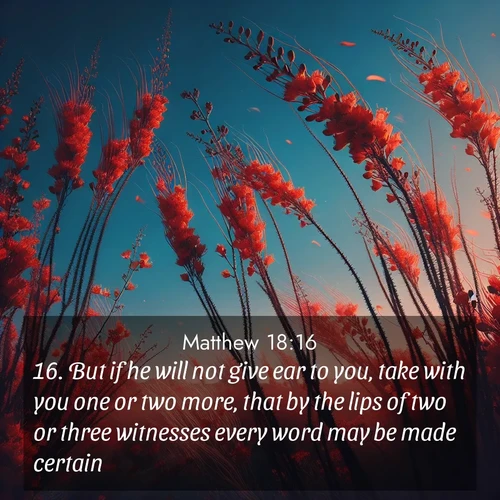 BasicEnglish Gospel of Matthew  ; image nature: image with the bible verse :But if he will not give ear to you, take with you one or two more, that by the lips of two or three witnesses every word may be made certain. ; Explore Bible verses combined with serene beach photos, desert dunes, and infinite skies, highlighting God&#039;s majesty in every landscape. Download and share inspiring verses like KJV Gospel of Matthew 18:16. Current verse is overlayed with the thematic nature scene : Desert ocotillo flames against blue sky. Wind sings through its scarlet blooms. ; 18:16