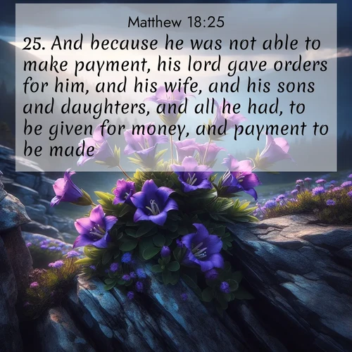 BasicEnglish Gospel of Matthew  ; image nature: image with the bible verse :And because he was not able to make payment, his lord gave orders for him, and his wife, and his sons and daughters, and all he had, to be given for money, and payment to be made. ; Discover tranquil Bible verse images enhanced with natural scenery like rippling brooks, snow-covered fields, and sunlit beaches. These free images are perfect for wallpapers or spiritual reflection. Share KJV Gospel of Matthew 18:25. Current verse is overlayed with the thematic nature scene : Wild gentians bloom in rocky cracks. Summer storms gather above treeline. ; 18:25