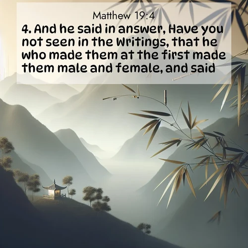 BasicEnglish Gospel of Matthew  ; image nature: image with the bible verse :And he said in answer, Have you not seen in the Writings, that he who made them at the first made them male and female, and said, ; Explore a rich collection of Bible verse images beautifully illustrated by natural landscapes, such as colorful skies, towering mountains, and tranquil rivers. The images highlight the serenity of God&#039;s creation with vivid tones and carefully chosen typography. Download and share inspiring verses like KJV Gospel of Matthew 19:4. Current verse is overlayed with the thematic nature scene : Bamboo leaves whisper secrets in mountain wind. A temple bell rings in the distance. ; 19:4