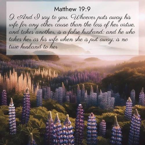 BasicEnglish Gospel of Matthew  ; image nature: image with the bible verse :And I say to you, Whoever puts away his wife for any other cause than the loss of her virtue, and takes another, is a false husband: and he who takes her as his wife when she is put away, is no true husband to her. ; Explore a collection of inspiring Bible verse images accompanied by winter photos, such as snowy landscapes, frosted trees, and frozen lakes. These images reflect the peace and purity of God&#039;s creation, with elegant fonts and luminous colors. Download and share verses like KJV Gospel of Matthew 19:9. Current verse is overlayed with the thematic nature scene : Wild lupines carpet a coastal meadow. Ocean fog rolls in on silent feet. ; 19:9