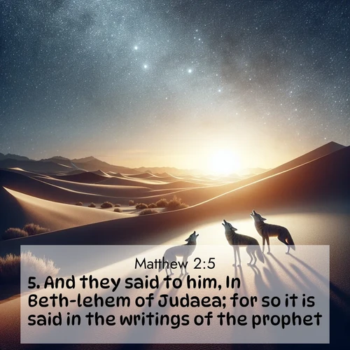 BBE Gospel of Matthew 2:5 overlaying nature image scene: Desert coyotes sing to stars. Their voices echo through time.;5. And they said to him, In Beth-lehem of Judaea; for so it is said in the writings of the prophet,
