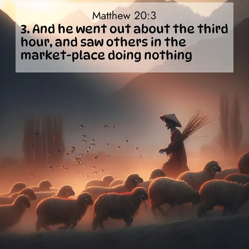 BasicEnglish Gospel of Matthew  ; image nature: image with the bible verse :And he went out about the third hour, and saw others in the market-place doing nothing; ; Discover beautiful Bible verse images enriched with natural landscapes, from serene beaches to cascading waterfalls. All images are free and ready to download. Share verses such as KJV Gospel of Matthew 20:3. Current verse is overlayed with the thematic nature scene : A shepherd guides his flock home. Sunset paints wool golden red. ; 20:3