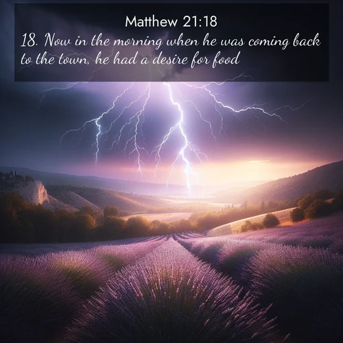 BBE Gospel of Matthew 21:18 overlaying nature image scene: Lightning illuminates a field of lavender in the Provence countryside. Thunder rolls across the valley like distant drums.;18. Now in the morning when he was coming back to the town, he had a desire for food.
