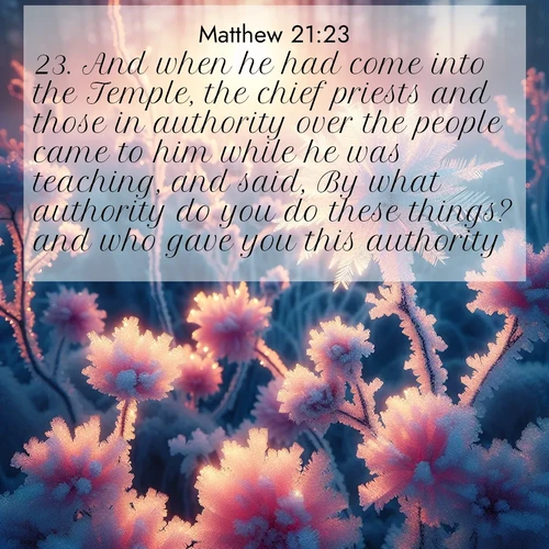 BBE Gospel of Matthew 21:23 overlaying nature image scene: Morning light reveals frost flowers. Rainbow crystals bloom on bare branches.;23. And when he had come into the Temple, the chief priests and those in authority over the people came to him while he was teaching, and said, By what authority do you do these things? and who gave you this authority?
