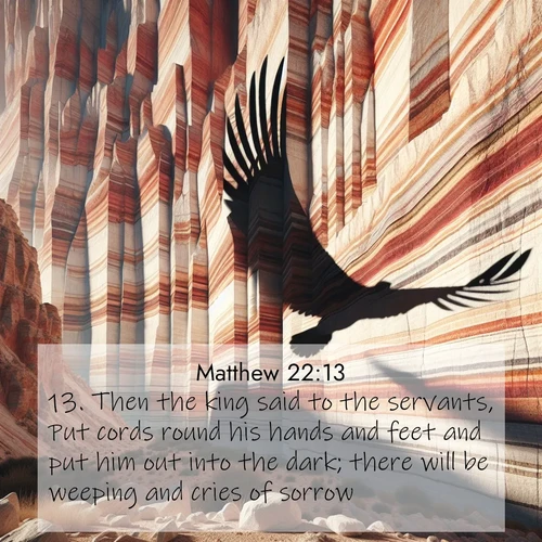 BBE Gospel of Matthew 22:13 overlaying nature image scene: Desert varnish streaks ancient canyon walls. A condor's shadow glides across the patterns.;13. Then the king said to the servants, Put cords round his hands and feet and put him out into the dark; there will be weeping and cries of sorrow.