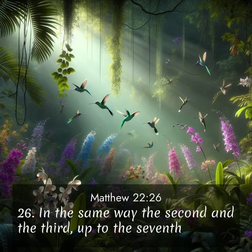 BBE Gospel of Matthew 22:26 overlaying nature image scene: Wild orchids bloom in a rainforest canopy. Hummingbirds dart between the delicate flowers.;26. In the same way the second and the third, up to the seventh.
