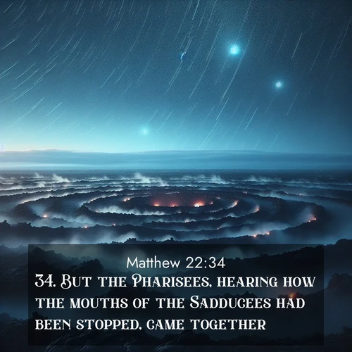 BBE Gospel of Matthew 22:34 overlaying nature image scene: Volcanic steam rises through a field of black lava. Stars wheel overhead in the thin air.;34. But the Pharisees, hearing how the mouths of the Sadducees had been stopped, came together;
