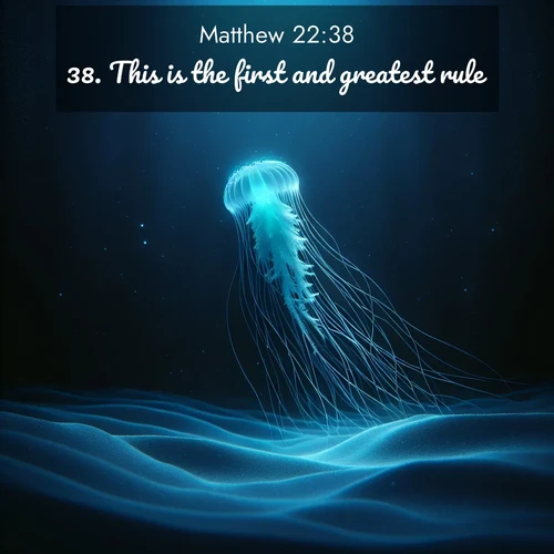 BBE Gospel of Matthew 22:38 overlaying nature image scene: A lone jellyfish pulses through midnight waters. Its bioluminescent tendrils paint trails of azure light in the depths.;38. This is the first and greatest rule.
