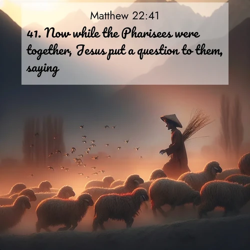 BBE Gospel of Matthew 22:41 overlaying nature image scene: A shepherd guides his flock home. Sunset paints wool golden red.;41. Now while the Pharisees were together, Jesus put a question to them, saying,
