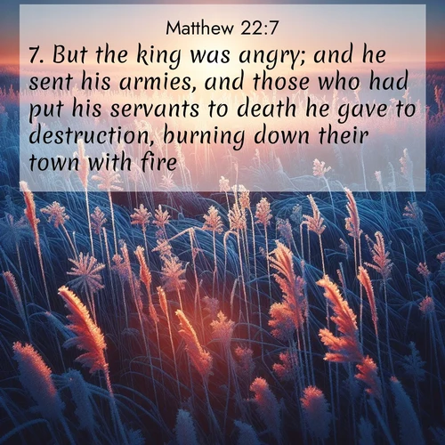 BBE Gospel of Matthew 22:7 overlaying nature image scene: Winter sunrise illuminates frost-covered prairie grass.;7. But the king was angry; and he sent his armies, and those who had put his servants to death he gave to destruction, burning down their town with fire.