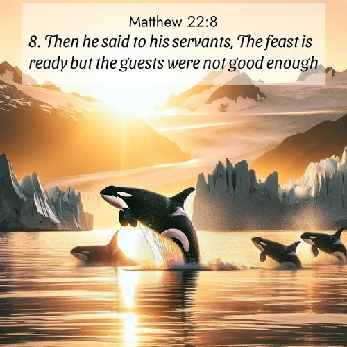 BBE Gospel of Matthew 22:8 overlaying nature image scene: Wild orcas breach in sunset-painted waters. Their splashes echo off glacier walls.;8. Then he said to his servants, The feast is ready but the guests were not good enough.