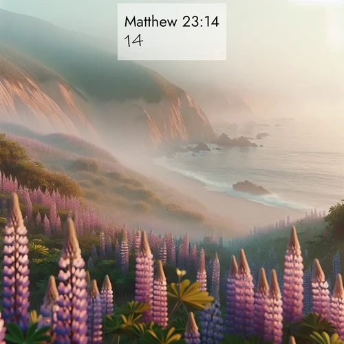 BBE Gospel of Matthew 23:14 overlaying nature image scene: Wild lupines carpet coastal bluffs. Pacific fog rolls in like smoke.;14. []
