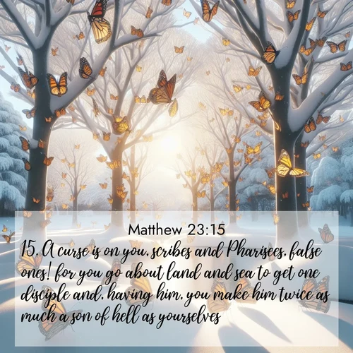 BBE Gospel of Matthew 23:15 overlaying nature image scene: Monarch butterflies cover winter trees. Their wings catch light like stained glass.;15. A curse is on you, scribes and Pharisees, false ones! for you go about land and sea to get one disciple and, having him, you make him twice as much a son of hell as yourselves.