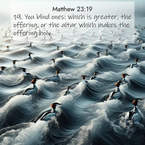BBE Gospel of Matthew 23:19 overlaying nature image scene: Wild mergansers ride river rapids. Their wakes create endless patterns.;19. You blind ones: which is greater, the offering, or the altar which makes the offering holy?