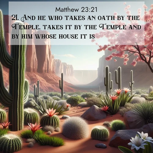 BBE Gospel of Matthew 23:21 overlaying nature image scene: Desert cacti burst with spring blooms against red sandstone formations.;21. And he who takes an oath by the Temple, takes it by the Temple and by him whose house it is.
