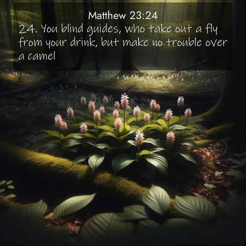 BBE Gospel of Matthew 23:24 overlaying nature image scene: Wild ginger blooms hidden in forest shadows. Filtered sunlight reveals their secret beauty.;24. You blind guides, who take out a fly from your drink, but make no trouble over a camel.