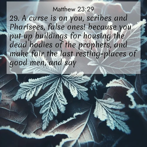 BBE Gospel of Matthew 23:29 overlaying nature image scene: Winter frost creates delicate patterns on fallen leaves.;29. A curse is on you, scribes and Pharisees, false ones! because you put up buildings for housing the dead bodies of the prophets, and make fair the last resting-places of good men, and say,