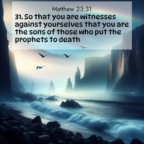 BBE Gospel of Matthew 23:31 overlaying nature image scene: Ocean waves crash against volcanic cliffs as seabirds wheel overhead, creating momentary rainbows.;31. So that you are witnesses against yourselves that you are the sons of those who put the prophets to death.