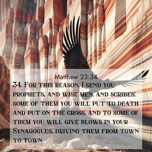 BBE Gospel of Matthew 23:34 overlaying nature image scene: Desert varnish streaks ancient canyon walls. A condor's shadow glides across the patterns.;34. For this reason, I send you prophets, and wise men, and scribes: some of them you will put to death and put on the cross, and to some of them you will give blows in your Synagogues, driving them from town to town;