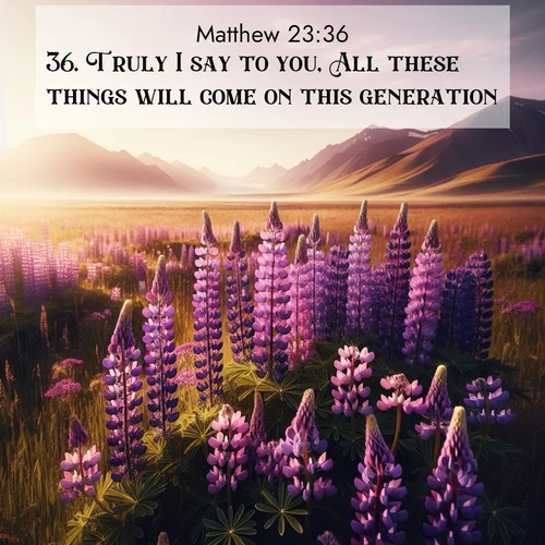 BBE Gospel of Matthew 23:36 overlaying nature image scene: Wild lupines paint purple meadows. Snow lingers on distant peaks.;36. Truly I say to you, All these things will come on this generation.
