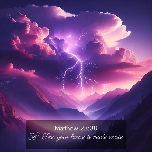 BBE Gospel of Matthew 23:38 overlaying nature image scene: Jagged lightning splits purple storm clouds. Thunder echoes through mountain canyons.;38. See, your house is made waste.