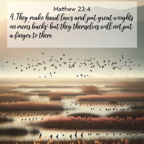 BBE Gospel of Matthew 23:4 overlaying nature image scene: Spring migration fills marshlands with calling birds.;4. They make hard laws and put great weights on men's backs; but they themselves will not put a finger to them.