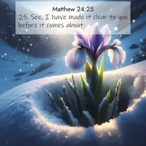 BasicEnglish Gospel of Matthew  ; image nature: image with the bible verse :See, I have made it clear to you before it comes about. ; Explore a collection of Bible verses paired with springtime scenes, featuring blooming flowers, lush meadows, and trees in full bloom. These images symbolize divine renewal and hope. Download inspiring verses like KJV Gospel of Matthew 24:25. Current verse is overlayed with the thematic nature scene : Wild iris breaks through spring snow. Alpine light ignites petals. ; 24:25