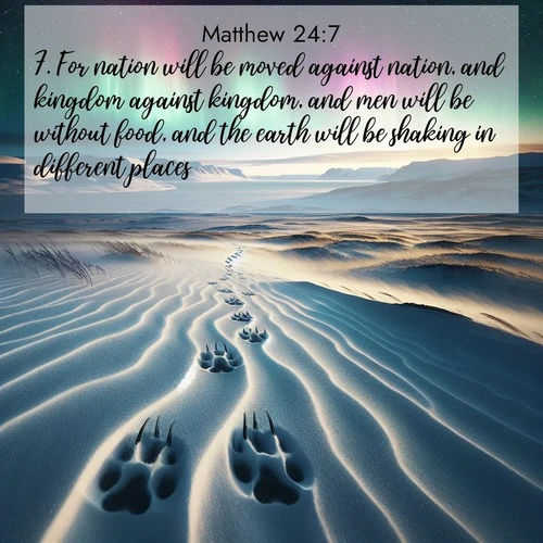 BasicEnglish Gospel of Matthew  ; image nature: image with the bible verse :For nation will be moved against nation, and kingdom against kingdom, and men will be without food, and the earth will be shaking in different places; ; Explore free Bible verse images with stunning nature themes, including sunlit paths, forest clearings, and endless horizons. Perfect for desktop backgrounds or phone wallpapers. Verses include KJV Gospel of Matthew 24:7. Current verse is overlayed with the thematic nature scene : Arctic fox tracks cross windswept tundra. Northern lights pulse overhead in cosmic rhythm. ; 24:7