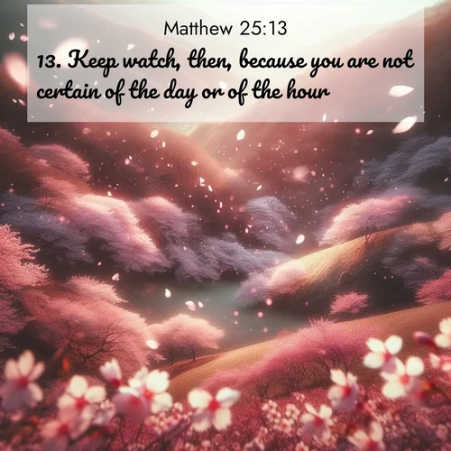 BasicEnglish Gospel of Matthew  ; image nature: image with the bible verse :Keep watch, then, because you are not certain of the day or of the hour. ; Admire our gallery of Bible verse images paired with serene nature photography, featuring starlit skies, golden sands, and blooming wildflowers. Download and share verses like KJV Gospel of Matthew 25:13. Current verse is overlayed with the thematic nature scene : Cherry blossoms blanket the hillside in soft pink snow, swirling through the air like nature&#039;s confetti. ; 25:13