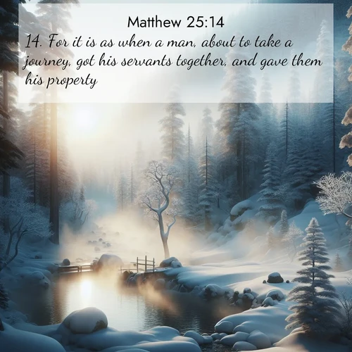 BasicEnglish Gospel of Matthew  ; image nature: image with the bible verse :For it is as when a man, about to take a journey, got his servants together, and gave them his property. ; Admire our autumnal collection of Bible verse images accompanied by photos of paths lined with red and yellow leaves, fiery forests, and calm rivers. These images inspire reflection and serenity. Share verses like KJV Gospel of Matthew 25:14. Current verse is overlayed with the thematic nature scene : Morning mist rises from a hot spring in a snow-covered forest. ; 25:14