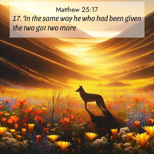 BasicEnglish Gospel of Matthew  ; image nature: image with the bible verse :In the same way he who had been given the two got two more. ; Dive into our collection of Bible verses paired with coastal scenes, featuring calming waves, infinite beaches, and reflections of the sun on the water. These images evoke the peace and beauty of God. Share verses like KJV Gospel of Matthew 25:17. Current verse is overlayed with the thematic nature scene : Spring wildflowers carpet Death Valley in gold. A coyote&#039;s silhouette melts into the blooms. ; 25:17