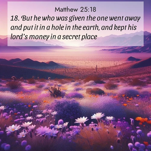 BasicEnglish Gospel of Matthew  ; image nature: image with the bible verse :But he who was given the one went away and put it in a hole in the earth, and kept his lord&#039;s money in a secret place. ; Dive into our collection of Bible verses paired with breathtaking desert landscapes, featuring infinite dunes, shaded oases, and desert sunsets. These images highlight the majestic grandeur of God&#039;s creation. Download and share verses like KJV Gospel of Matthew 25:18. Current verse is overlayed with the thematic nature scene : Desert wildflowers carpet Death Valley after winter rains. Mountains fade to purple on the horizon. ; 25:18