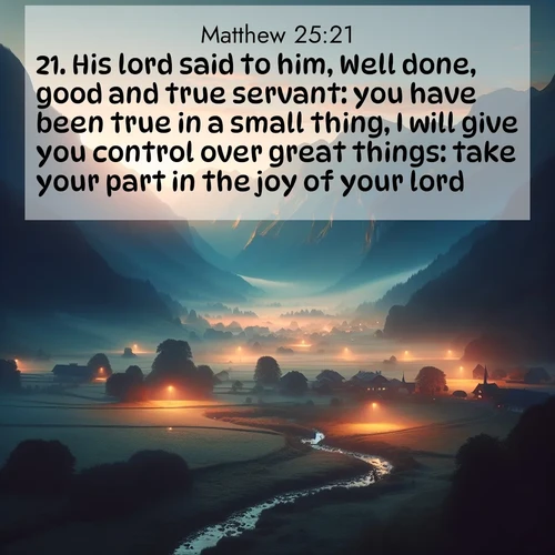 BasicEnglish Gospel of Matthew  ; image nature: image with the bible verse :His lord said to him, Well done, good and true servant: you have been true in a small thing, I will give you control over great things: take your part in the joy of your lord. ; Explore a rich collection of Bible verse images beautifully illustrated by natural landscapes, such as colorful skies, towering mountains, and tranquil rivers. The images highlight the serenity of God&#039;s creation with vivid tones and carefully chosen typography. Download and share inspiring verses like KJV Gospel of Matthew 25:21. Current verse is overlayed with the thematic nature scene : Morning mist rises from valley streams. Birdsong heralds the dawn chorus. ; 25:21