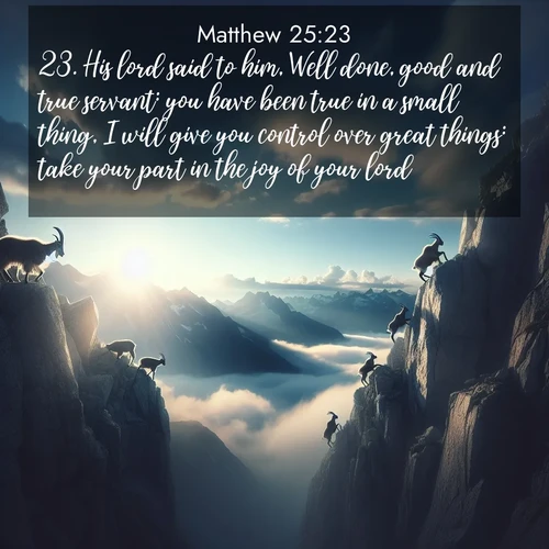 BasicEnglish Gospel of Matthew  ; image nature: image with the bible verse :His lord said to him, Well done, good and true servant: you have been true in a small thing, I will give you control over great things: take your part in the joy of your lord. ; Browse Bible images illustrated by desert landscapes, with endless skies, golden dunes, and isolated palm trees. These images evoke the calm and grandeur of God&#039;s creation. Download inspiring verses like KJV Gospel of Matthew 25:23. Current verse is overlayed with the thematic nature scene : Mountain goats traverse sheer faces. Clouds part to reveal their path. ; 25:23