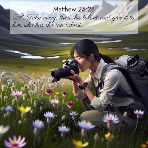 BasicEnglish Gospel of Matthew  ; image nature: image with the bible verse :Take away, then, his talent and give it to him who has the ten talents. ; Discover tranquil Bible verse images enhanced with natural scenery like rippling brooks, snow-covered fields, and sunlit beaches. These free images are perfect for wallpapers or spiritual reflection. Share KJV Gospel of Matthew 25:28. Current verse is overlayed with the thematic nature scene : A naturalist photographs rare blooms. Alpine winds toss wildflower meadows. ; 25:28