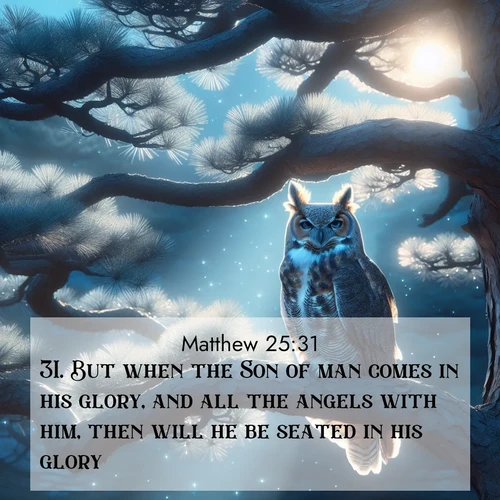 BasicEnglish Gospel of Matthew  ; image nature: image with the bible verse :But when the Son of man comes in his glory, and all the angels with him, then will he be seated in his glory: ; Explore our vast collection of images featuring beautifully illustrated Bible verses accompanied by nature photos. Discover inspiring and motivating verses paired with soothing landscapes, like shimmering lakes, majestic mountains, and lush forests. Our images highlight the peaceful beauty of God&#039;s creation with vibrant colors and varied fonts. Download and share verse images like KJV Gospel of Matthew 25:31. Current verse is overlayed with the thematic nature scene : A great horned owl watches from ancient pine branches. Moonlight silvers its silent wings. ; 25:31