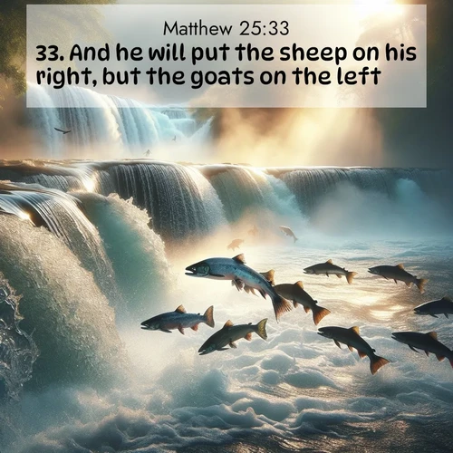 BasicEnglish Gospel of Matthew  ; image nature: image with the bible verse :And he will put the sheep on his right, but the goats on the left. ; Admire stunning Bible verse images paired with photos of peaceful landscapes, such as foggy mornings, serene rivers, and blooming gardens. Download these free images and share verses like KJV Gospel of Matthew 25:33. Current verse is overlayed with the thematic nature scene : Wild salmon leap ancient waterfalls. Mist rises like spirits in morning light. ; 25:33