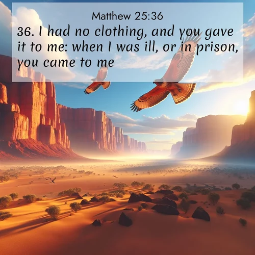 BasicEnglish Gospel of Matthew  ; image nature: image with the bible verse :I had no clothing, and you gave it to me: when I was ill, or in prison, you came to me. ; Browse our collection of vibrant Bible verse images set against calming backdrops like tropical shores, quiet woods, and majestic mountains. Download free wallpapers featuring KJV Gospel of Matthew 25:36. Current verse is overlayed with the thematic nature scene : Desert hawks soar thermal currents. Red cliffs catch golden light. ; 25:36