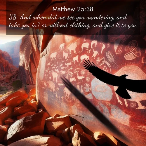 BasicEnglish Gospel of Matthew  ; image nature: image with the bible verse :And when did we see you wandering, and take you in? or without clothing, and give it to you? ; Browse our library of beautiful Bible verse images, perfect for wallpapers or sharing. Each verse is paired with serene natural landscapes like misty mountains, calming beaches, and colorful sunsets. Download and enjoy verses such as KJV Gospel of Matthew 25:38. Current verse is overlayed with the thematic nature scene : Ancient petroglyphs weather on red canyon walls. A circling hawk&#039;s shadow passes over the timeless art. ; 25:38