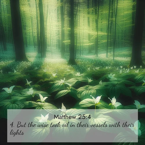BasicEnglish Gospel of Matthew  ; image nature: image with the bible verse :But the wise took oil in their vessels with their lights. ; Dive into our collection of Bible verse images combined with sublime nature photos, such as graceful waterfalls, radiant sunsets, and endless meadows. These compositions highlight the peace and harmony of God&#039;s creation with vivid colors and carefully integrated text. Download and share verses like KJV Gospel of Matthew 25:4. Current verse is overlayed with the thematic nature scene : Wild trillium dots the forest floor. Green light filters through spring leaves. ; 25:4