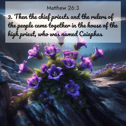 BasicEnglish Gospel of Matthew  ; image nature: image with the bible verse :Then the chief priests and the rulers of the people came together in the house of the high priest, who was named Caiaphas. ; Browse our library of beautiful Bible verse images, perfect for wallpapers or sharing. Each verse is paired with serene natural landscapes like misty mountains, calming beaches, and colorful sunsets. Download and enjoy verses such as KJV Gospel of Matthew 26:3. Current verse is overlayed with the thematic nature scene : Wild gentians bloom in rocky cracks. Summer storms gather above treeline. ; 26:3