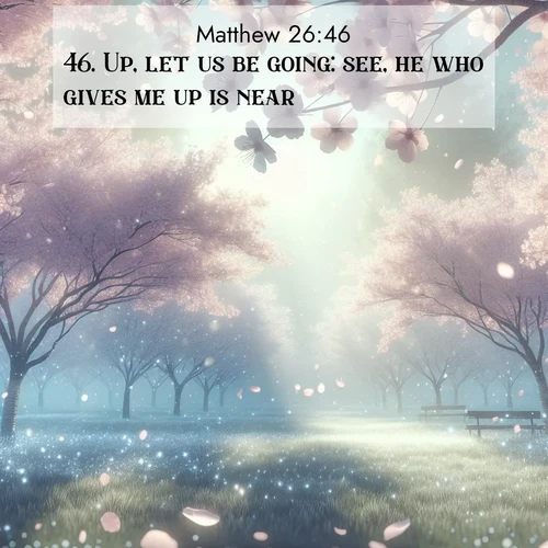 BasicEnglish Gospel of Matthew  ; image nature: image with the bible verse :Up, let us be going: see, he who gives me up is near. ; Discover inspiring Bible verse images featuring natural wonders like lush forests, sunny horizons, and cascading waterfalls. Perfect for wallpapers or spiritual encouragement. Download verses like KJV Gospel of Matthew 26:46. Current verse is overlayed with the thematic nature scene : Spring rain falls on cherry trees in full bloom, petals drifting like snow. ; 26:46