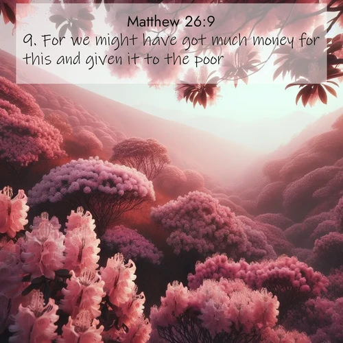 BasicEnglish Gospel of Matthew  ; image nature: image with the bible verse :For we might have got much money for this and given it to the poor. ; Browse high-resolution Bible verse images featuring stunning nature photography, such as radiant sunsets, tranquil rivers, and blooming fields. Perfect for wallpapers or sharing on social media. Download KJV Gospel of Matthew 26:9. Current verse is overlayed with the thematic nature scene : Mountain laurel blooms paint hillsides pink. Spring breezes carry their honey scent. ; 26:9