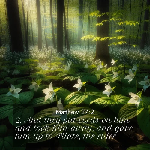 BasicEnglish Gospel of Matthew  ; image nature: image with the bible verse :And they put cords on him and took him away, and gave him up to Pilate, the ruler. ; Download inspiring Bible verse images featuring stunning natural vistas, from tropical islands to rolling hills. These free images make perfect wallpapers or gifts. Share verses like KJV Gospel of Matthew 27:2. Current verse is overlayed with the thematic nature scene : Wild trillium carpets the forest floor. Sunlight filters green through new spring leaves. ; 27:2