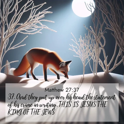 BasicEnglish Gospel of Matthew  ; image nature: image with the bible verse :And they put up over his head the statement of his crime in writing, THIS IS JESUS THE KING OF THE JEWS. ; Explore an exceptional collection of Bible verse images accompanied by photos of nature, showcasing snowy mountains, serene forests, and still lakes. These images feature luminous tones and varied fonts to bring serenity and inspiration. Share uplifting verses like KJV Gospel of Matthew 27:37. Current verse is overlayed with the thematic nature scene : A red fox hunts through pristine snow. Moon shadows dance between bare trees. ; 27:37