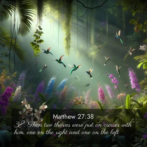 BasicEnglish Gospel of Matthew  ; image nature: image with the bible verse :Then two thieves were put on crosses with him, one on the right and one on the left. ; Admire Bible verse images illustrated by summer photos, such as sunny beaches, sparkling waves, and swaying palm trees. These bright scenes highlight the joy and warmth of God&#039;s creation. Download and share verses like KJV Gospel of Matthew 27:38. Current verse is overlayed with the thematic nature scene : Wild orchids bloom in a rainforest canopy. Hummingbirds dart between the delicate flowers. ; 27:38