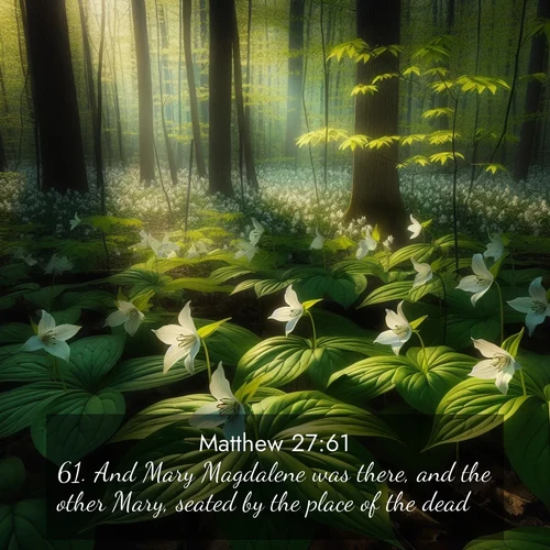 BasicEnglish Gospel of Matthew  ; image nature: image with the bible verse :And Mary Magdalene was there, and the other Mary, seated by the place of the dead. ; Admire Bible verse images featuring tranquil rivers, golden fields, and starry heavens. These free-to-download images make inspiring wallpapers or thoughtful gifts. Download KJV Gospel of Matthew 27:61 now. Current verse is overlayed with the thematic nature scene : Wild trillium carpets the forest floor. Sunlight filters green through new spring leaves. ; 27:61