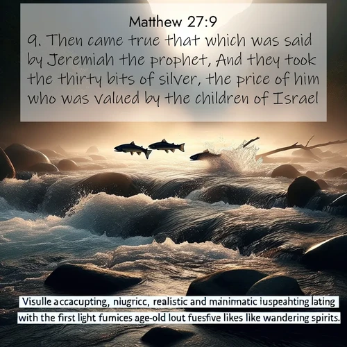 BasicEnglish Gospel of Matthew  ; image nature: image with the bible verse :Then came true that which was said by Jeremiah the prophet, And they took the thirty bits of silver, the price of him who was valued by the children of Israel; ; Explore a rich collection of Bible verse images beautifully illustrated by natural landscapes, such as colorful skies, towering mountains, and tranquil rivers. The images highlight the serenity of God&#039;s creation with vivid tones and carefully chosen typography. Download and share inspiring verses like KJV Gospel of Matthew 27:9. Current verse is overlayed with the thematic nature scene : Wild salmon leap ancient rapids. Mist rises like spirits at dawn. ; 27:9