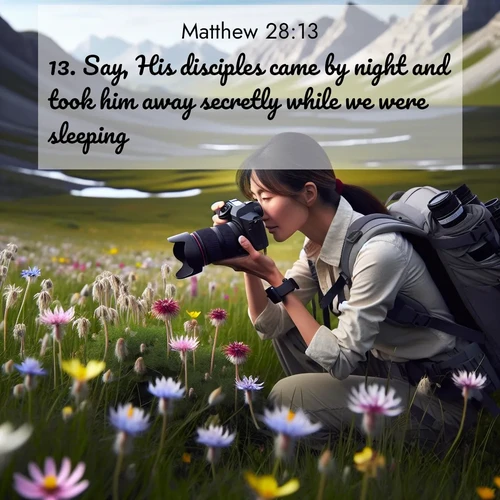 BasicEnglish Gospel of Matthew  ; image nature: image with the bible verse :Say, His disciples came by night and took him away secretly while we were sleeping. ; Explore a rich collection of Bible verse images beautifully illustrated by natural landscapes, such as colorful skies, towering mountains, and tranquil rivers. The images highlight the serenity of God&#039;s creation with vivid tones and carefully chosen typography. Download and share inspiring verses like KJV Gospel of Matthew 28:13. Current verse is overlayed with the thematic nature scene : A naturalist photographs rare blooms. Alpine winds toss wildflower meadows. ; 28:13
